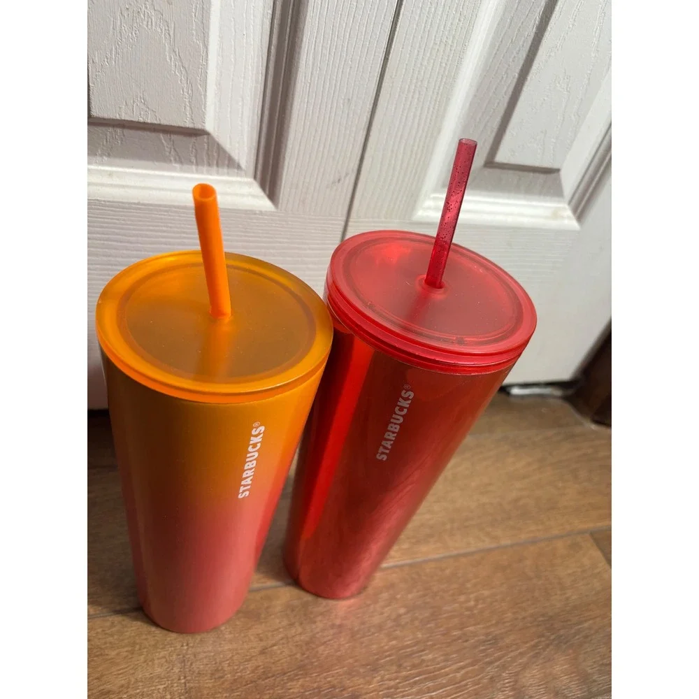 Starbucks Tumbler Cups with Lids and Straws 2 Pack Red Orange Ombre Venti‎